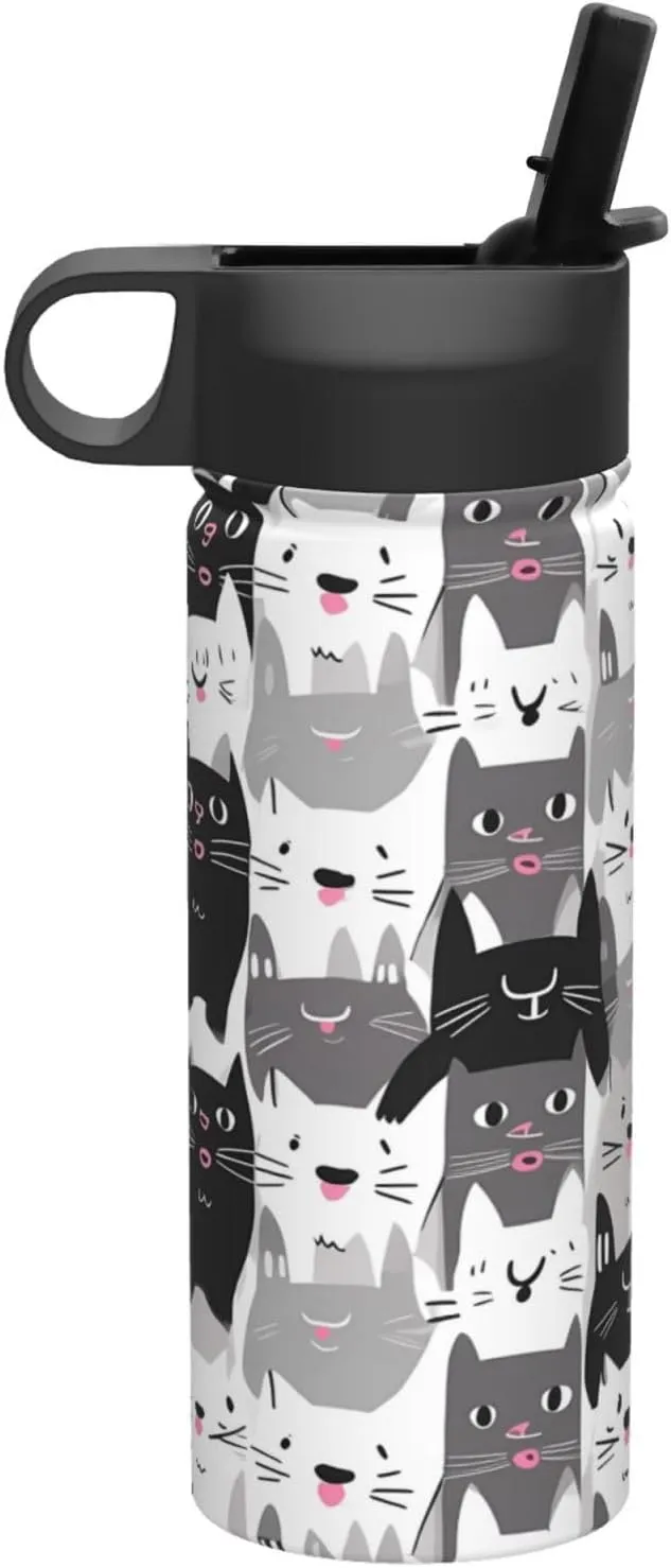 18oz Cute Cat Insulated Water Bottles With Straw, Cartoon Kitten Steel Double Walled Vacuum Sports Water Bottle for Travel