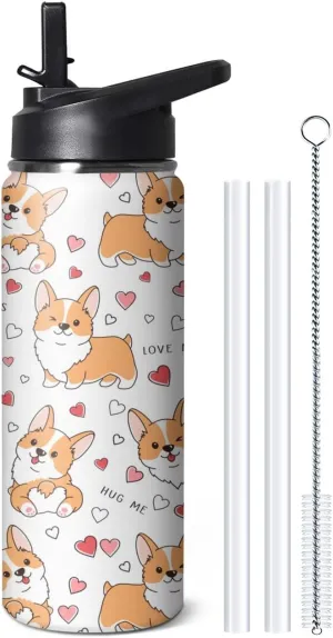 18oz Cute Corgi Water Bottle with Handle and Flip Straw, Dog Sports Stainless Steel Insulated Cup, Travel Coffee Mug Tumbler, Birthday Mothers Day Chritmas Gifts for Women Animal Lovers