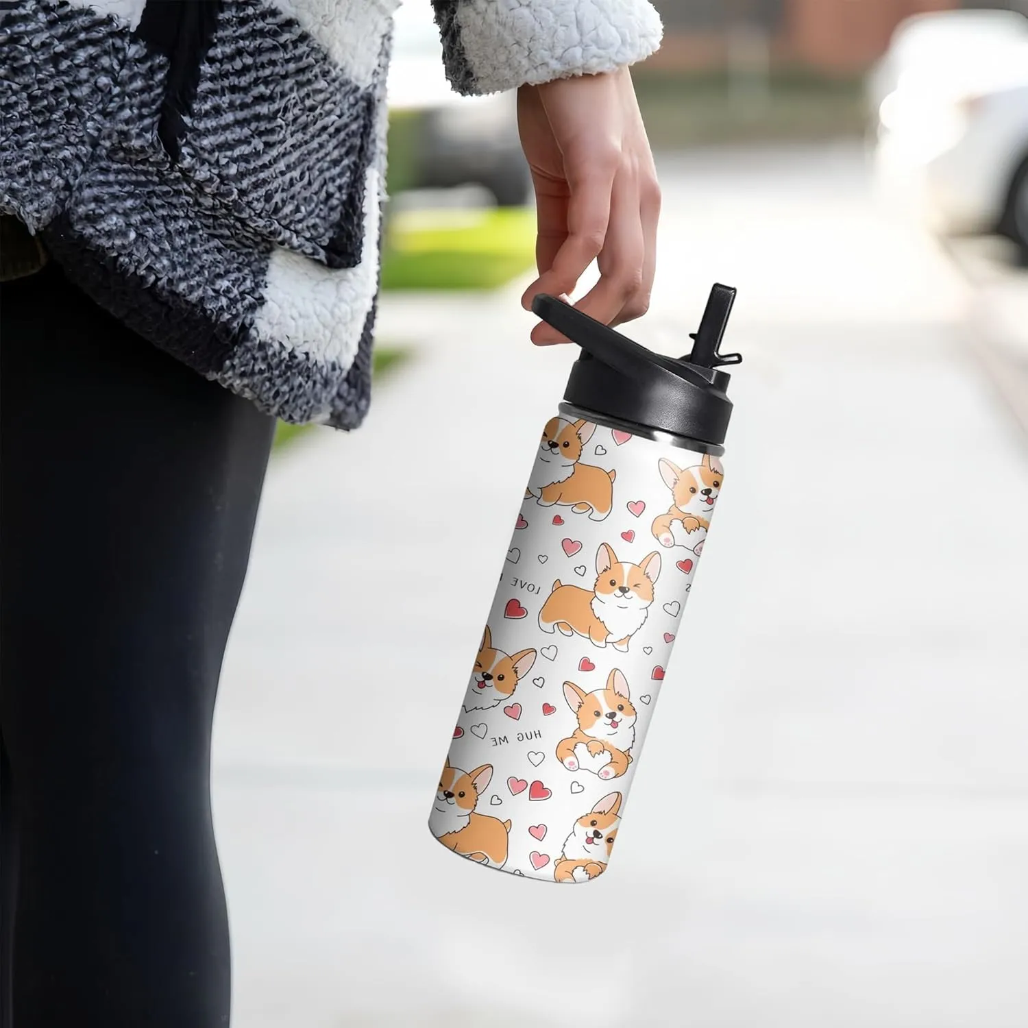 18oz Cute Corgi Water Bottle with Handle and Flip Straw, Dog Sports Stainless Steel Insulated Cup, Travel Coffee Mug Tumbler, Birthday Mothers Day Chritmas Gifts for Women Animal Lovers