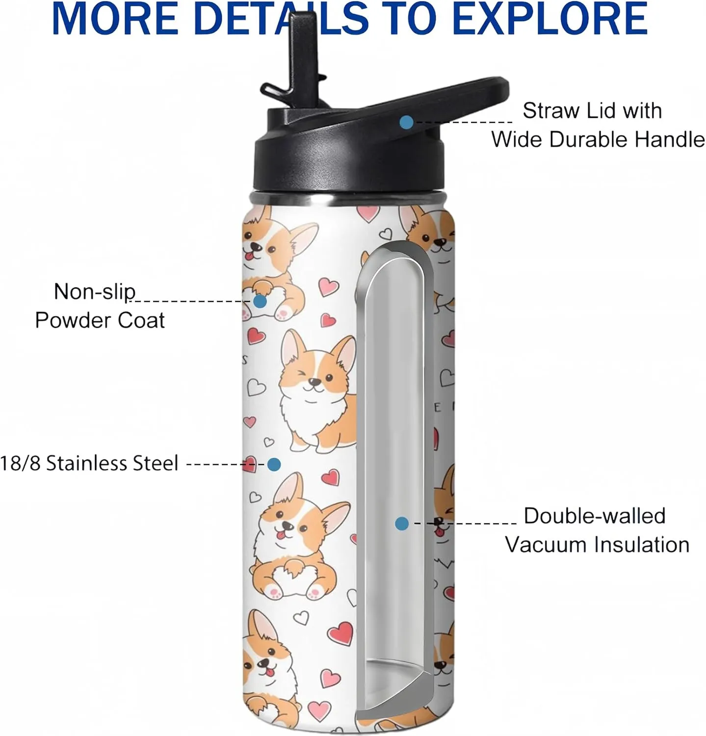 18oz Cute Corgi Water Bottle with Handle and Flip Straw, Dog Sports Stainless Steel Insulated Cup, Travel Coffee Mug Tumbler, Birthday Mothers Day Chritmas Gifts for Women Animal Lovers