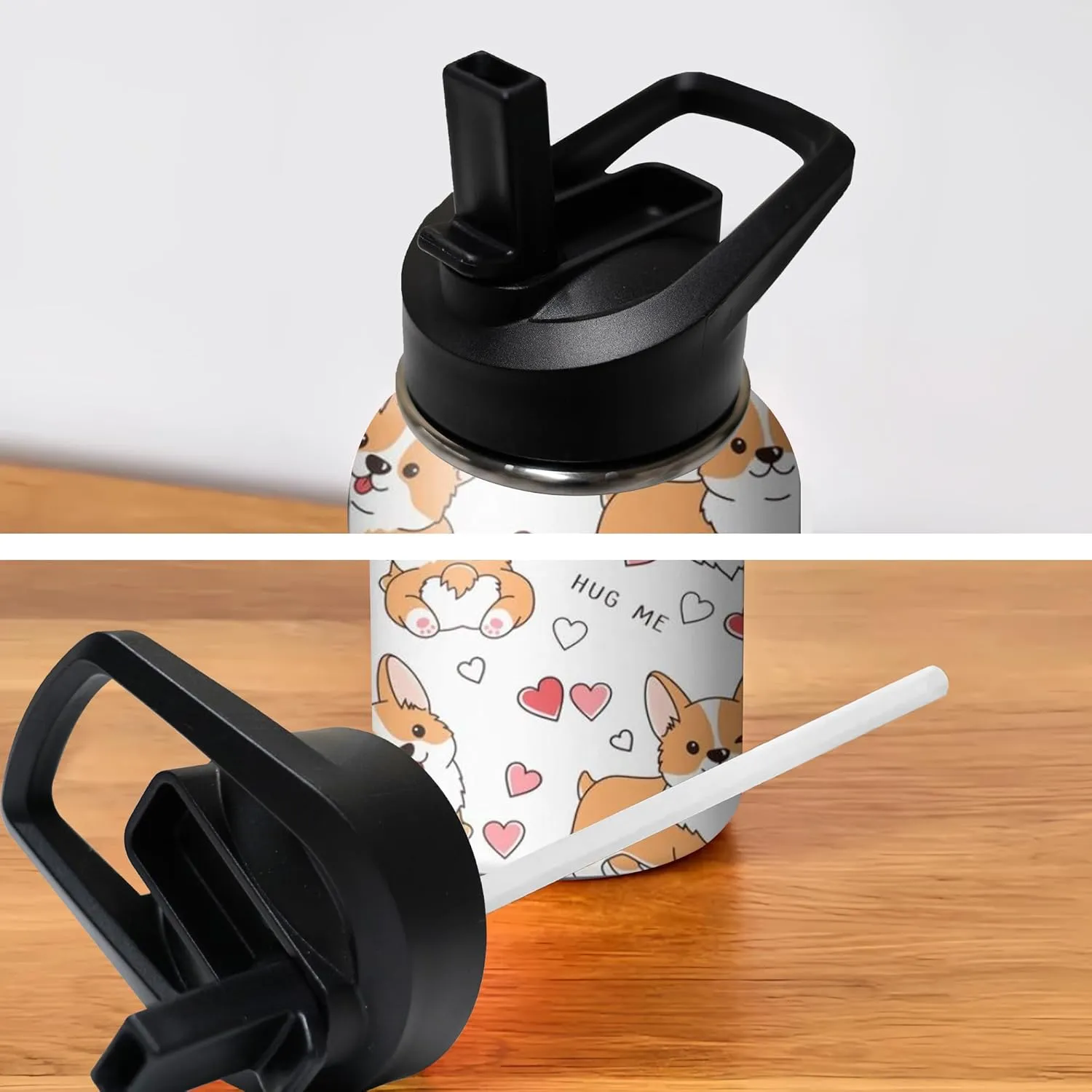 18oz Cute Corgi Water Bottle with Handle and Flip Straw, Dog Sports Stainless Steel Insulated Cup, Travel Coffee Mug Tumbler, Birthday Mothers Day Chritmas Gifts for Women Animal Lovers
