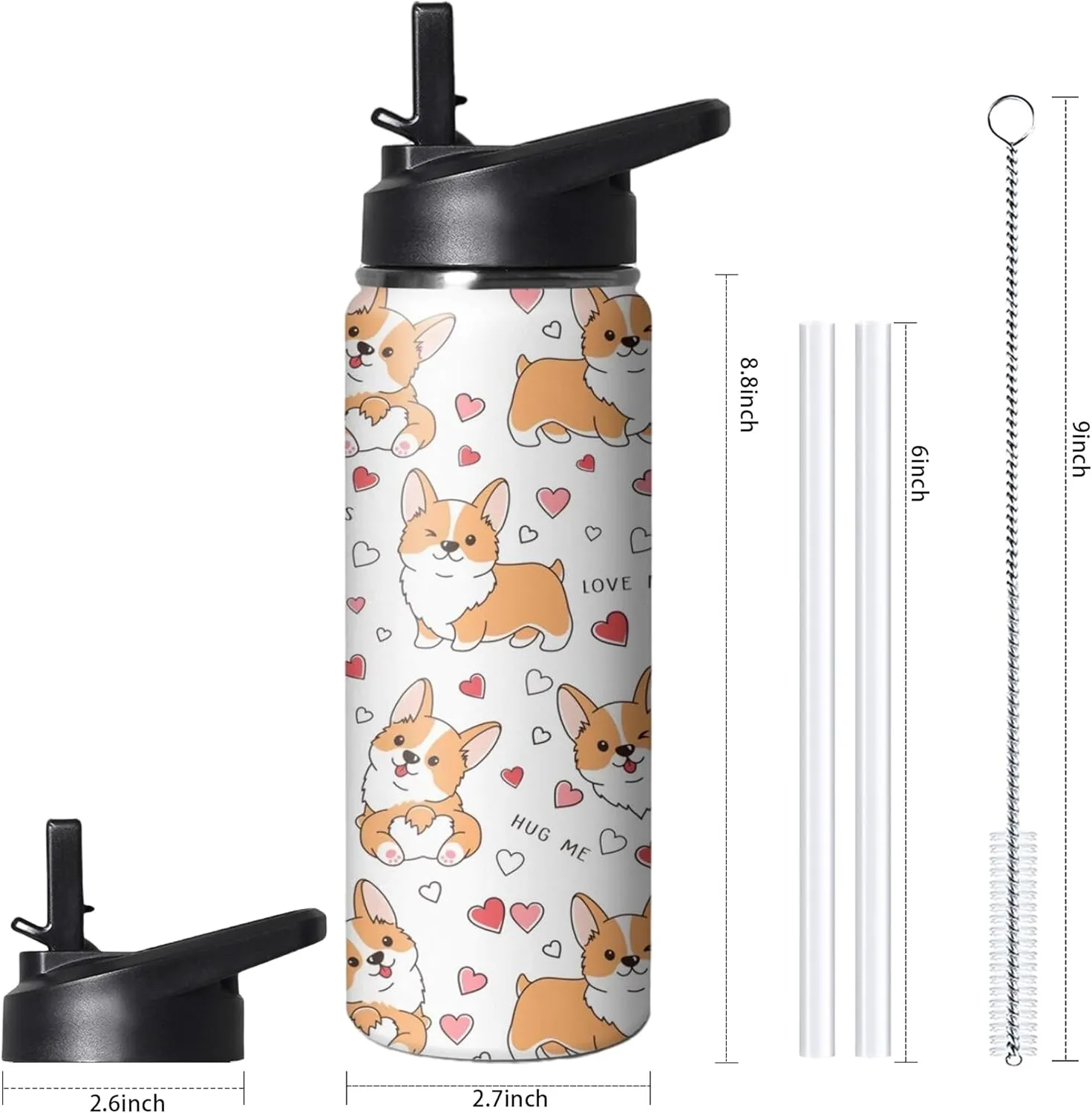 18oz Cute Corgi Water Bottle with Handle and Flip Straw, Dog Sports Stainless Steel Insulated Cup, Travel Coffee Mug Tumbler, Birthday Mothers Day Chritmas Gifts for Women Animal Lovers