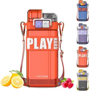 18oz Leak-proof Square Water Bottle with Separate Button and Flip Cap Design, Spout and Straw, BPA-Free Sports Bottle for School and Outdoor Use (Red)