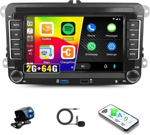 2 64G Android Car Stereo for VW Volkswagen Jetta Seat Passat Tiguan CC Golf Skoda Wireless Carplay Android Auto for VW 7 Inch Touchscreen Head Unit GPS WiFi Bluetooth FM/RDS Mirror Link  Backup Camera