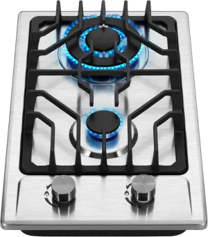2 Burner Propane Gas Cooktop, 12 Inch Burners Gas Stove Top, LPG/NG Dual Fuel With Thermocouple Protection Built-in Stainless Steel (L12"×W20")