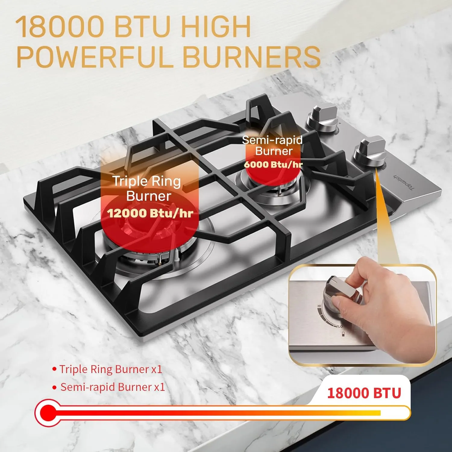 2 Burner Propane Gas Cooktop, 12" Inch LPG/NG Built-in Gas Stove Top with 2 ITALY SABAF Sealed Burners 18,000BTU, Stainless Steel, RV Stove Top with Thermocouple Protect, Apartment, Outdoor