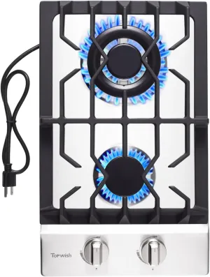 2 Burner Propane Gas Cooktop, 12" Inch LPG/NG Built-in Gas Stove Top with 2 ITALY SABAF Sealed Burners 18,000BTU, Stainless Steel, RV Stove Top with Thermocouple Protect, Apartment, Outdoor