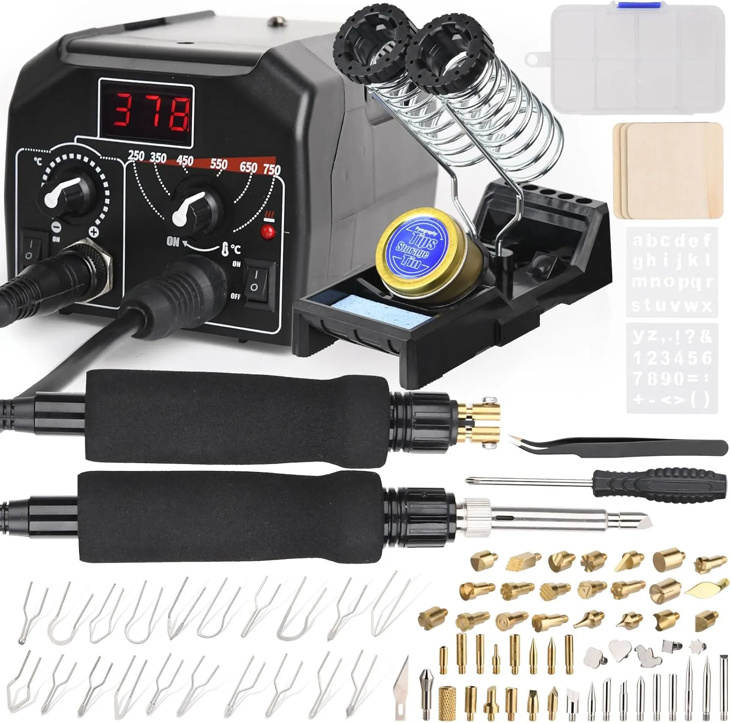 2-IN-1 Wood Burning Kit Pyrography Wood Burner Includes 51 Solid Points, 20 Wire Nibs, 2 Letter Number Stencils, 3 Unfinished Wood Pieces, Pen Holder & Burning Tool for Pyrography and DIY Crafts Gift