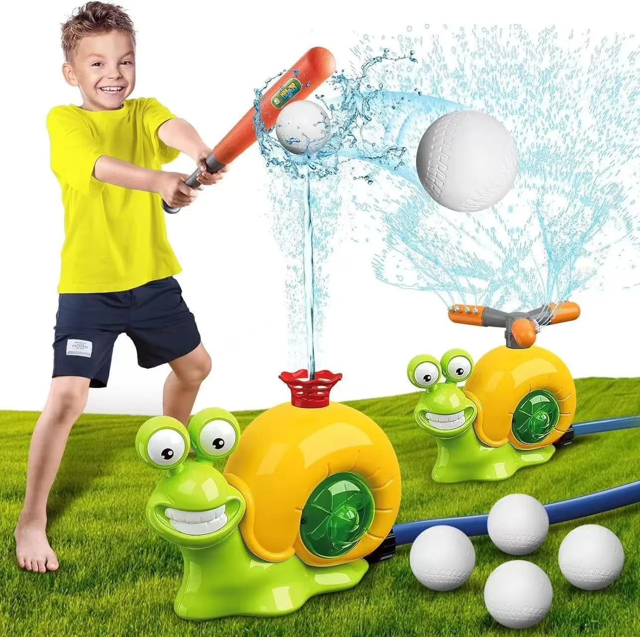 2 in1 Water Sprinkler Baseball Toy for Kids,Snail/Helicopter Sprinkler Ball Set with 2 Sprinkler Heads,Outdoor Spray Play Water Toys for Backyard Lawn Garden Summer Pool Party Fun (Snails)