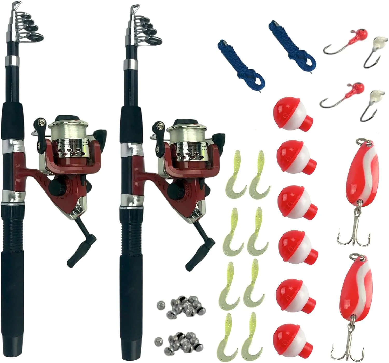 2 Pack Collapsible Telescoping Rod and Reel Fishing Kits (66pcs) Rod Spinning Reel Hooks Sinkers Lures Bobbers