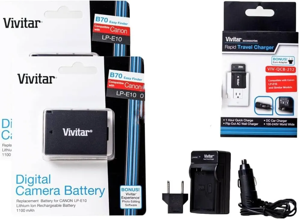 2 Pack of LP-E10 Vivitar Ultra High Capacity Rechargeable 1100mAh Li-ion Batteries   AC/DC Vivitar Rapid Travel Charger   Microfiber Lens Cleaning Cloth LPE10 (Canon LP-E10 Replacement)