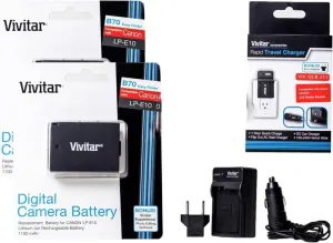 2 Pack of LP-E10 Vivitar Ultra High Capacity Rechargeable 1100mAh Li-ion Batteries   AC/DC Vivitar Rapid Travel Charger   Microfiber Lens Cleaning Cloth LPE10 (Canon LP-E10 Replacement)