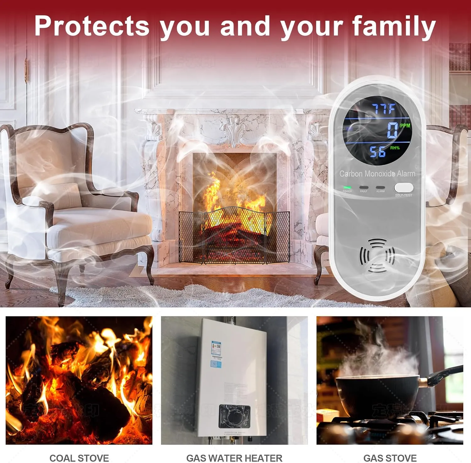 2 Packs Carbon Monoxide Detectors, Plug in Carbon Monoxide Alarm, 3-in-1 Real-time Digital Display Fahrenheit(°F) & Humidity, Co Detector Monitor for Home,RV,Apartment