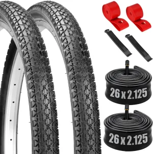 2-PCS 26" Beach Cruiser Bike Tires Set, 26x2.125 57-559 Folding Replacement Mountain Bicycle Tires and 26inch Tubes Schrader Valve with Levers and Rim Strips, Puncture-Resistant Road Bike Tires