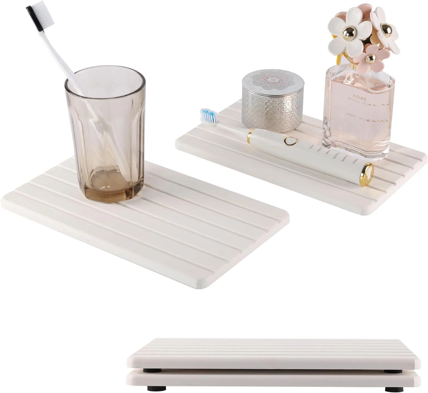2 PCS Water Absorbent Diatomite Coasters (9.5" x 5.5"), Grooved Design, Water Absorbing Stone Used for Hand Soaps & Plants & toiletries in The Modern Home