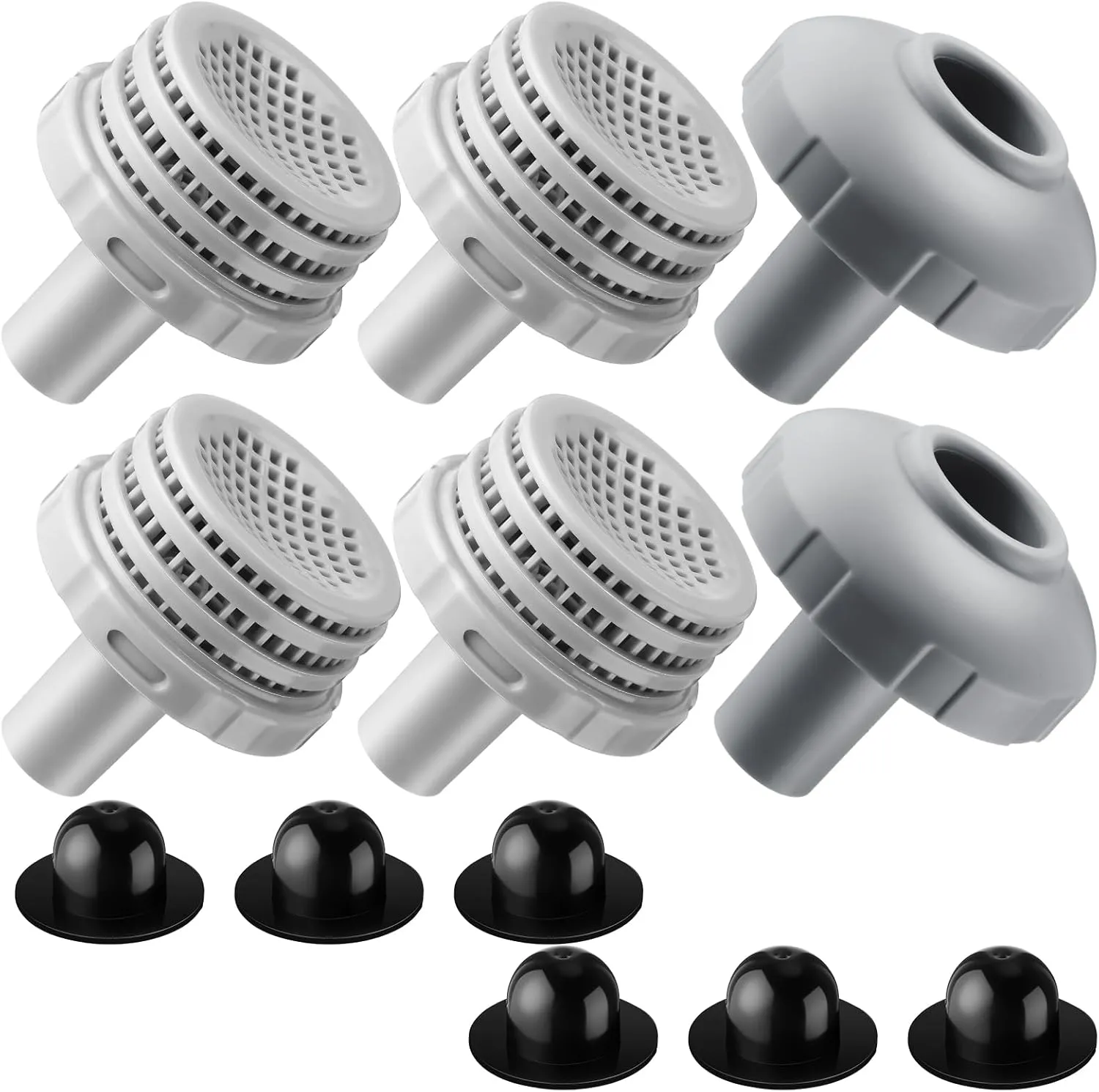 2 Sets Swimming Pool Water Jet Connectors Replacement Parts Kit Small Strainers with Pool Outlet Strainers, Inlet Nozzles and Hole Plugs with 1.25 Inch Fittings(Black, Grey)