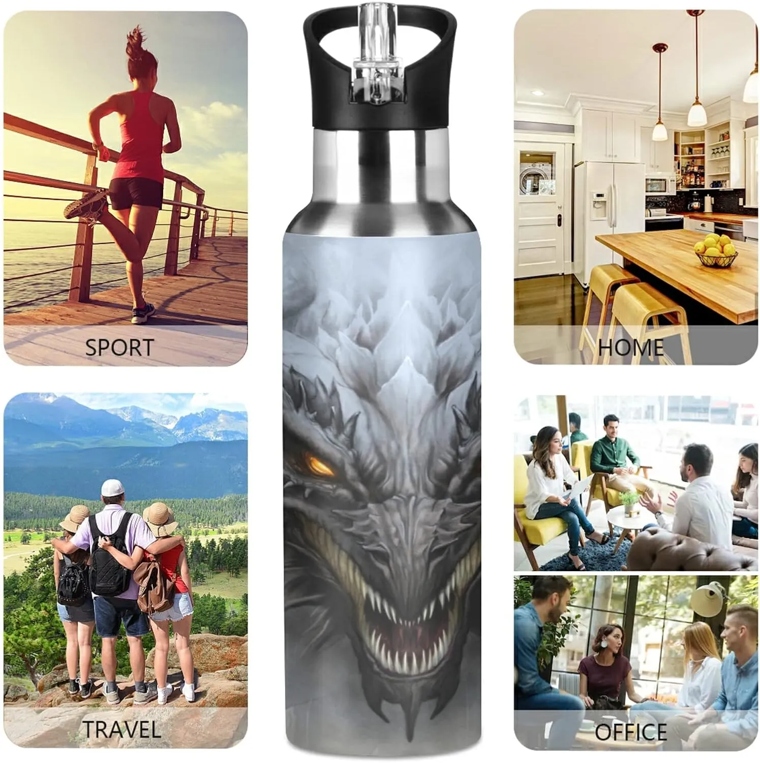 20 OZ Scary Dragon Water Bottle with Straw, Sports Water Bottle BPA Free Stainless Steel Water Jugs for Gym, Kitchen, Working, Outdoor（971）