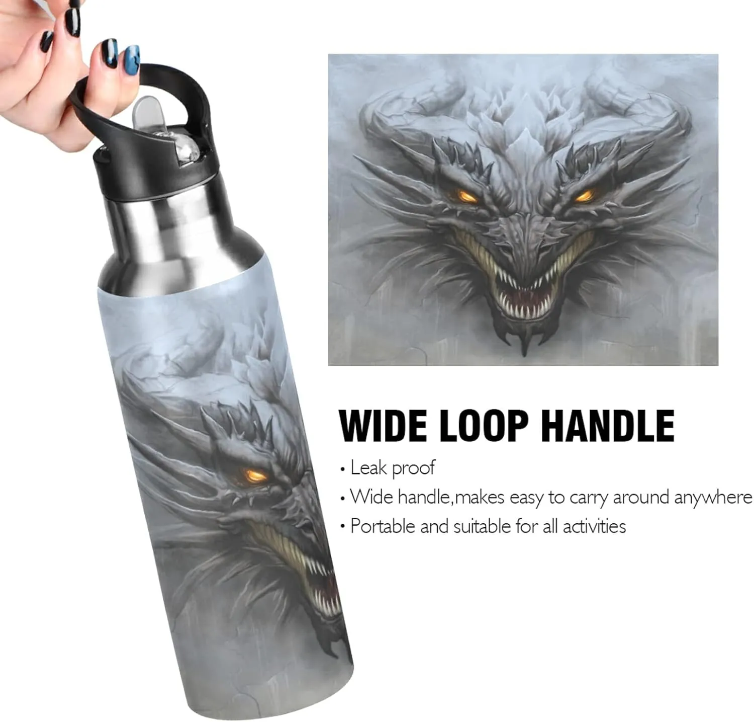 20 OZ Scary Dragon Water Bottle with Straw, Sports Water Bottle BPA Free Stainless Steel Water Jugs for Gym, Kitchen, Working, Outdoor（971）