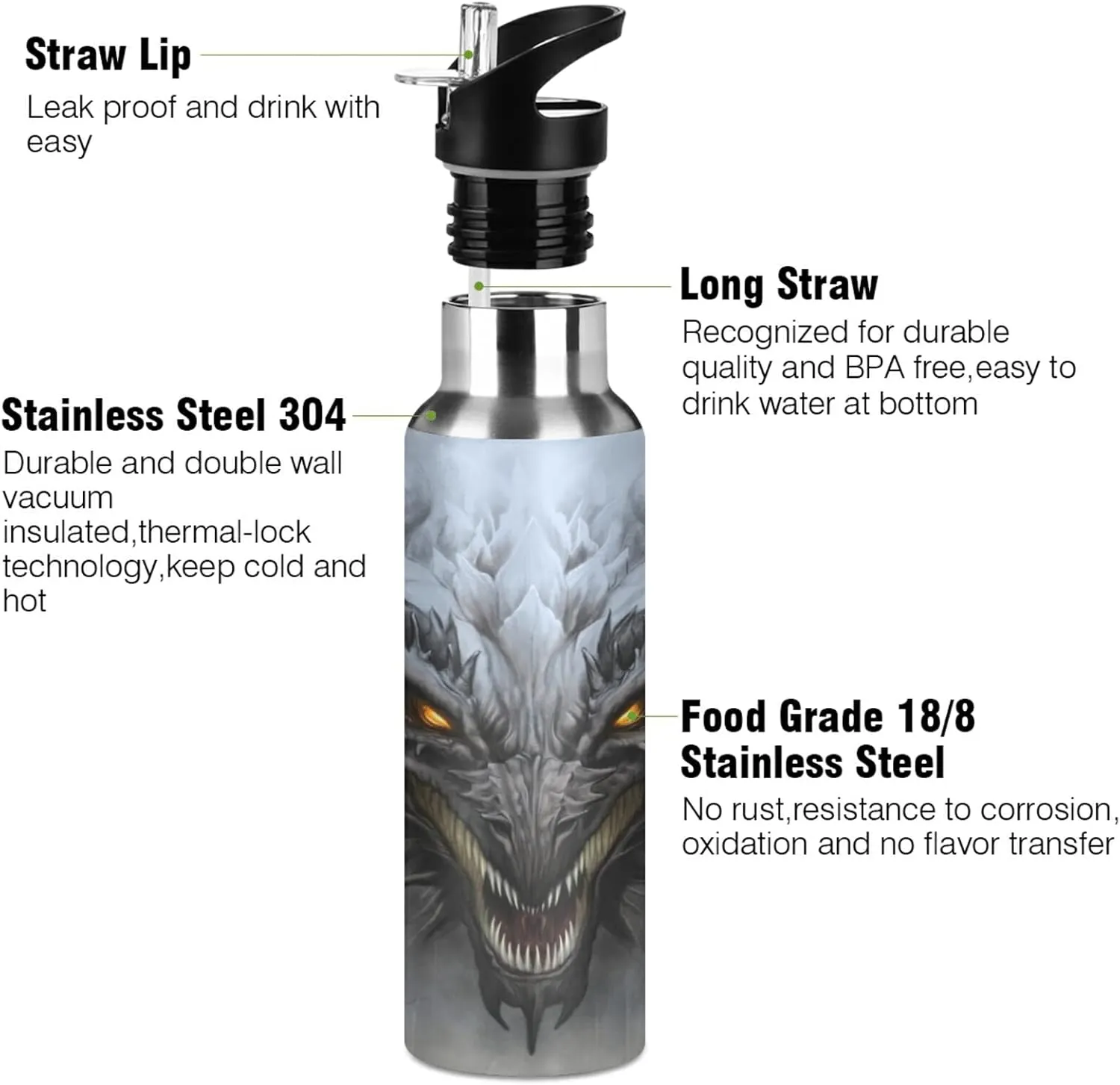 20 OZ Scary Dragon Water Bottle with Straw, Sports Water Bottle BPA Free Stainless Steel Water Jugs for Gym, Kitchen, Working, Outdoor（971）