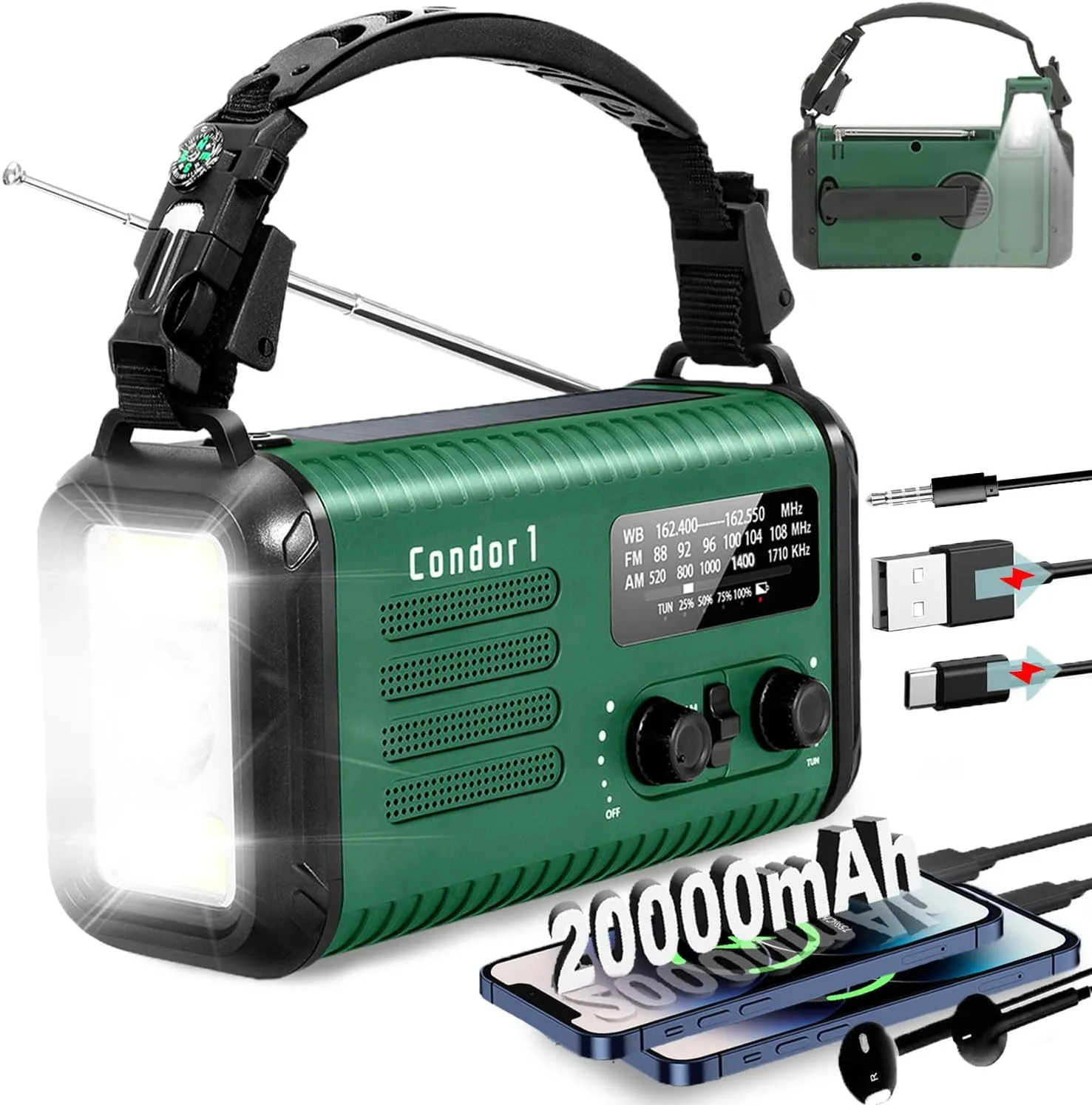 20000mAh/ 74000mWh Hand Crank Emergency Radio, AM/FM/NOAA Weather Radio, Battery Powered Solar Radio with USB Phone Charger, Reading Lamp Flashlight & SOS for Emergency (Dark Green)