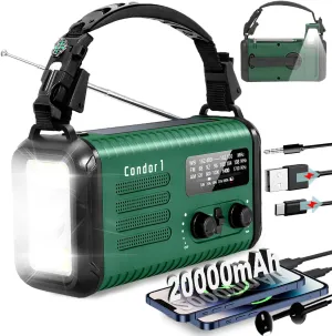 20000mAh/ 74000mWh Hand Crank Emergency Radio, AM/FM/NOAA Weather Radio, Battery Powered Solar Radio with USB Phone Charger, Reading Lamp Flashlight & SOS for Emergency (Dark Green)