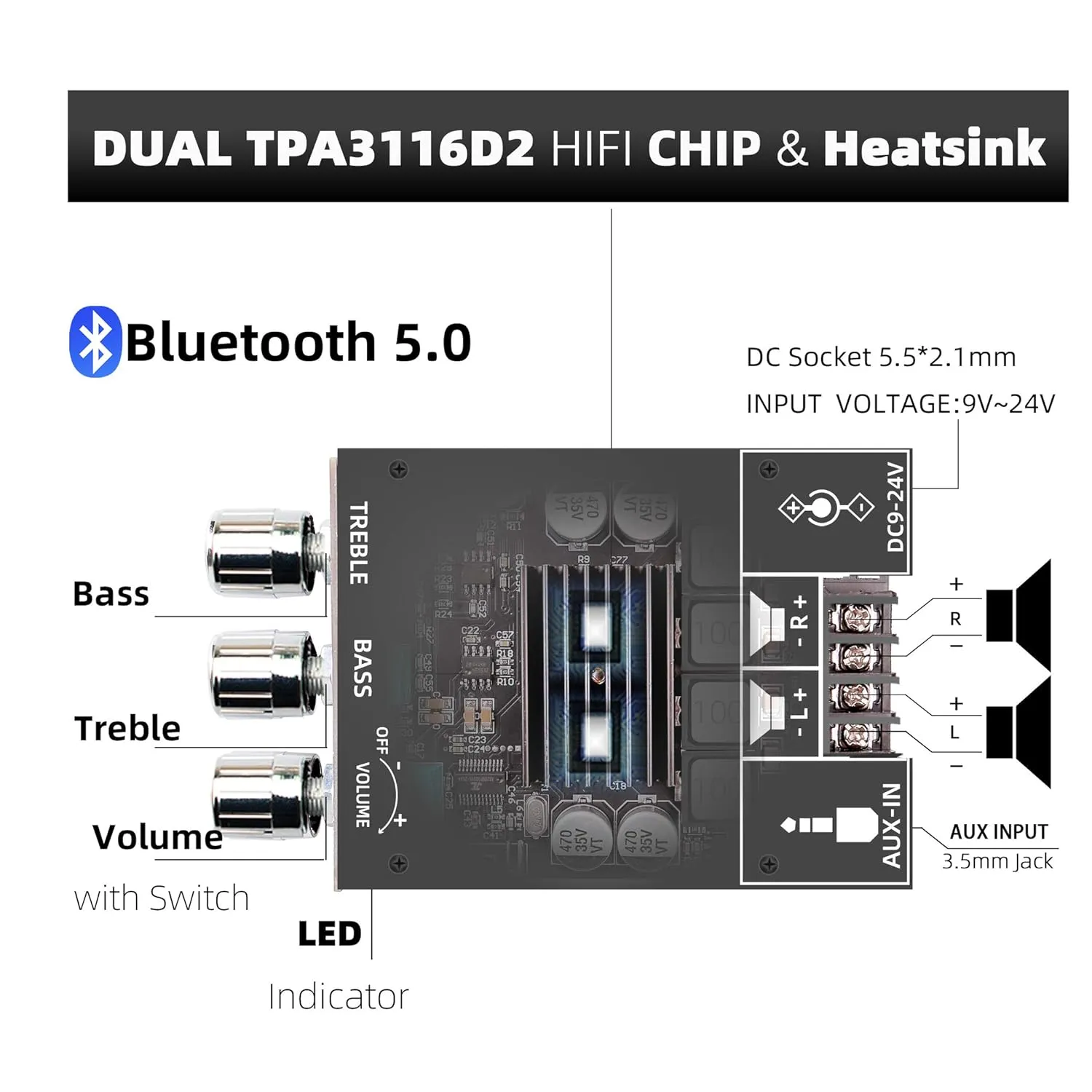 200W Bluetooth 5.0 Stereo Power Audio Amplifier Board with Treble and Bass Control 2.0 Channel Mini Wireless High Power Digital Amp