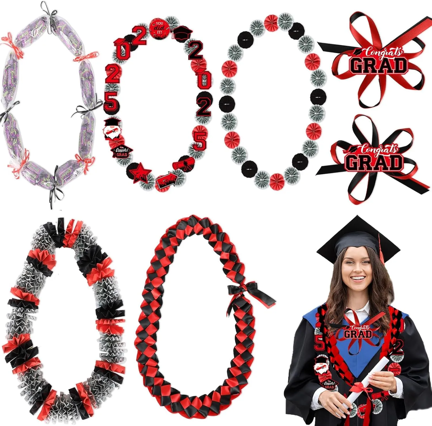 2025 Graduation Money Lei Candy Kit Graduation Ribbon Money Lei Necklace Making Kit DIY Leis Congrats Senior High School College Grad Gift Black and Red Party Supplies