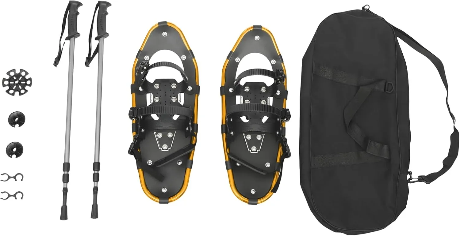 21" Lightweight Snow Shoes - Aluminum Frame Snow Shoes for Men and Women with Adjustable Trekking Poles and Carrying Tote Bag, All-Terrain Snowshoes for Ski Resorts and Outdoor Skiing (Gold)