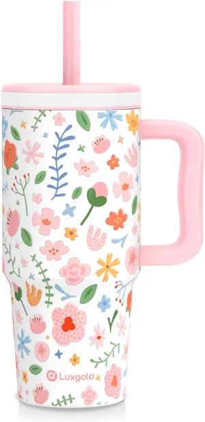 24 oz Tumbler with Handle, Leak-Proof Screw-On Lid with Removable Silicone Straw, Spill Proof, Reusable Stainless Steel Insulated Water Bottle, Gift for Children and Adults, Flowers