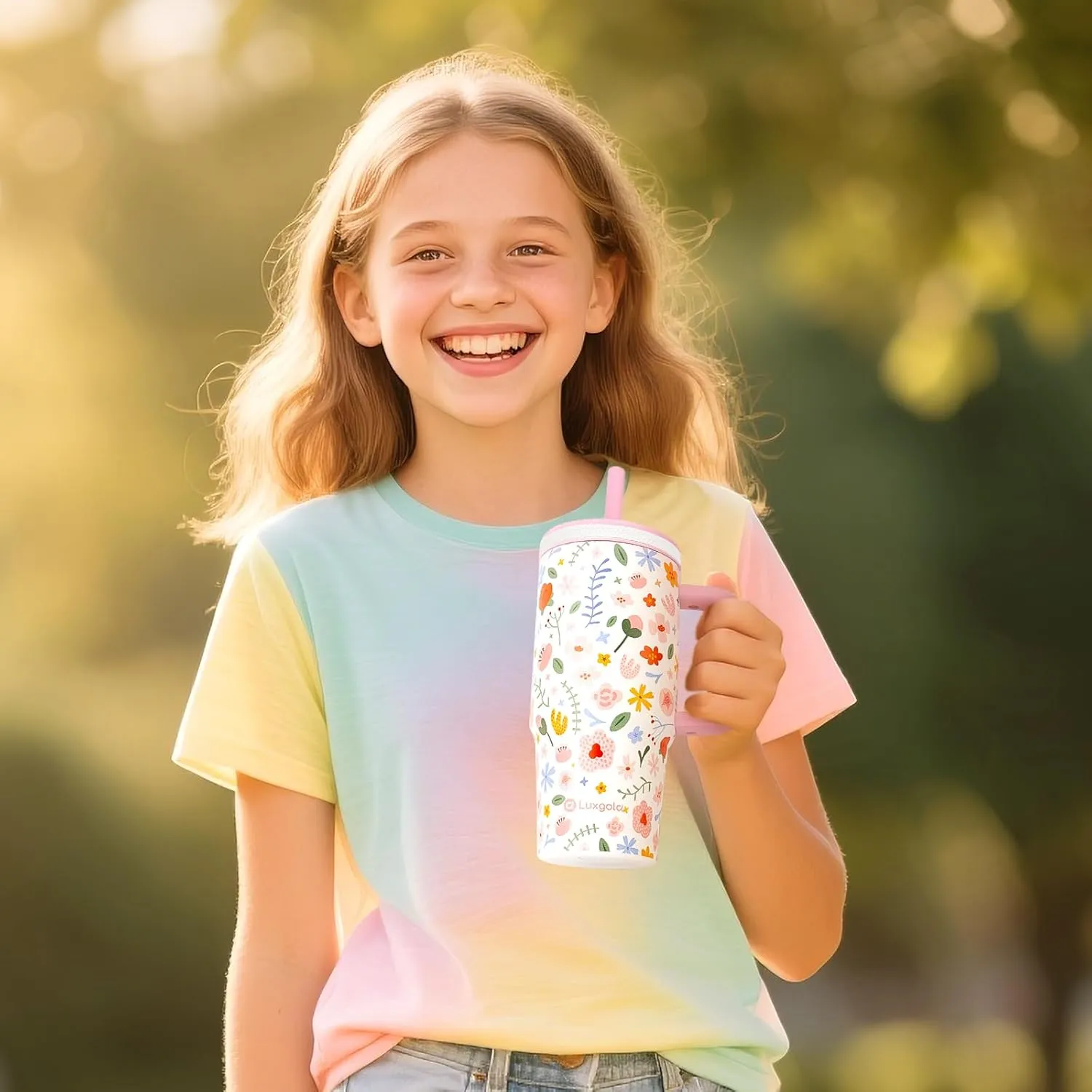 24 oz Tumbler with Handle, Leak-Proof Screw-On Lid with Removable Silicone Straw, Spill Proof, Reusable Stainless Steel Insulated Water Bottle, Gift for Children and Adults, Flowers