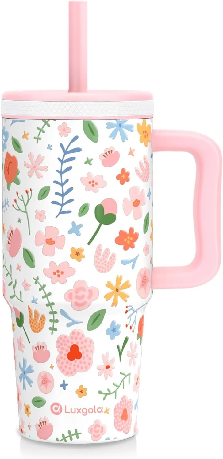 24 oz Tumbler with Handle, Leak-Proof Screw-On Lid with Removable Silicone Straw, Spill Proof, Reusable Stainless Steel Insulated Water Bottle, Gift for Children and Adults, Flowers