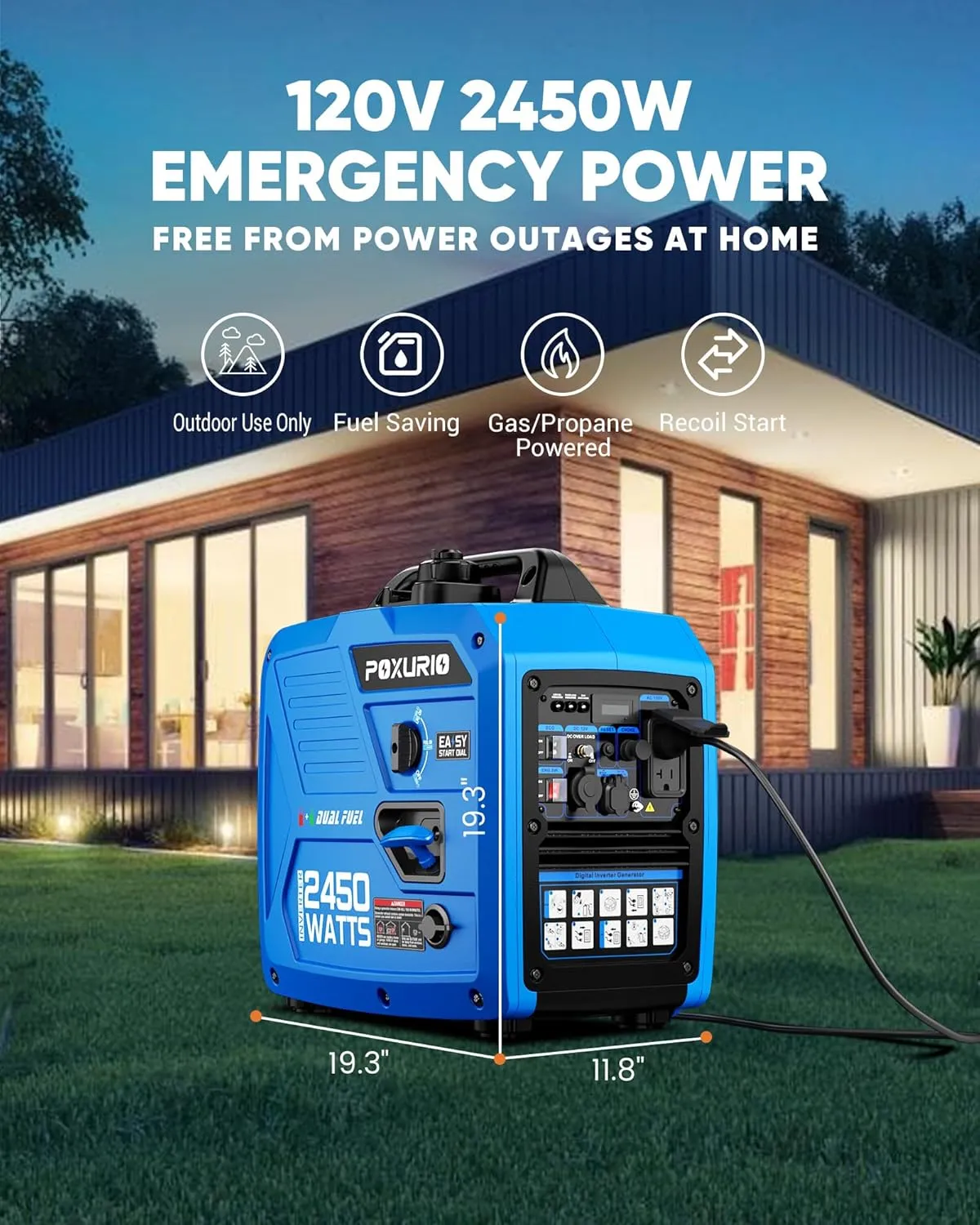 2450-Watt Dual Fuel Inverter Generator for Home Use, 1.6Gallon Large Fuel Tank Up to 8.3 Hours Use, 120V Gas Powered Generator Super Quiet - EPA Compliant