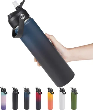 24oz Insulated Stainless Steel Water Bottle, Wide Mouth Double Wall Vacuum, Silicone Straw, Sweat & Leak Proof, BPA Free Insulated Water Flask for Travel, Keep Cold 24h Hot 12h, Blue