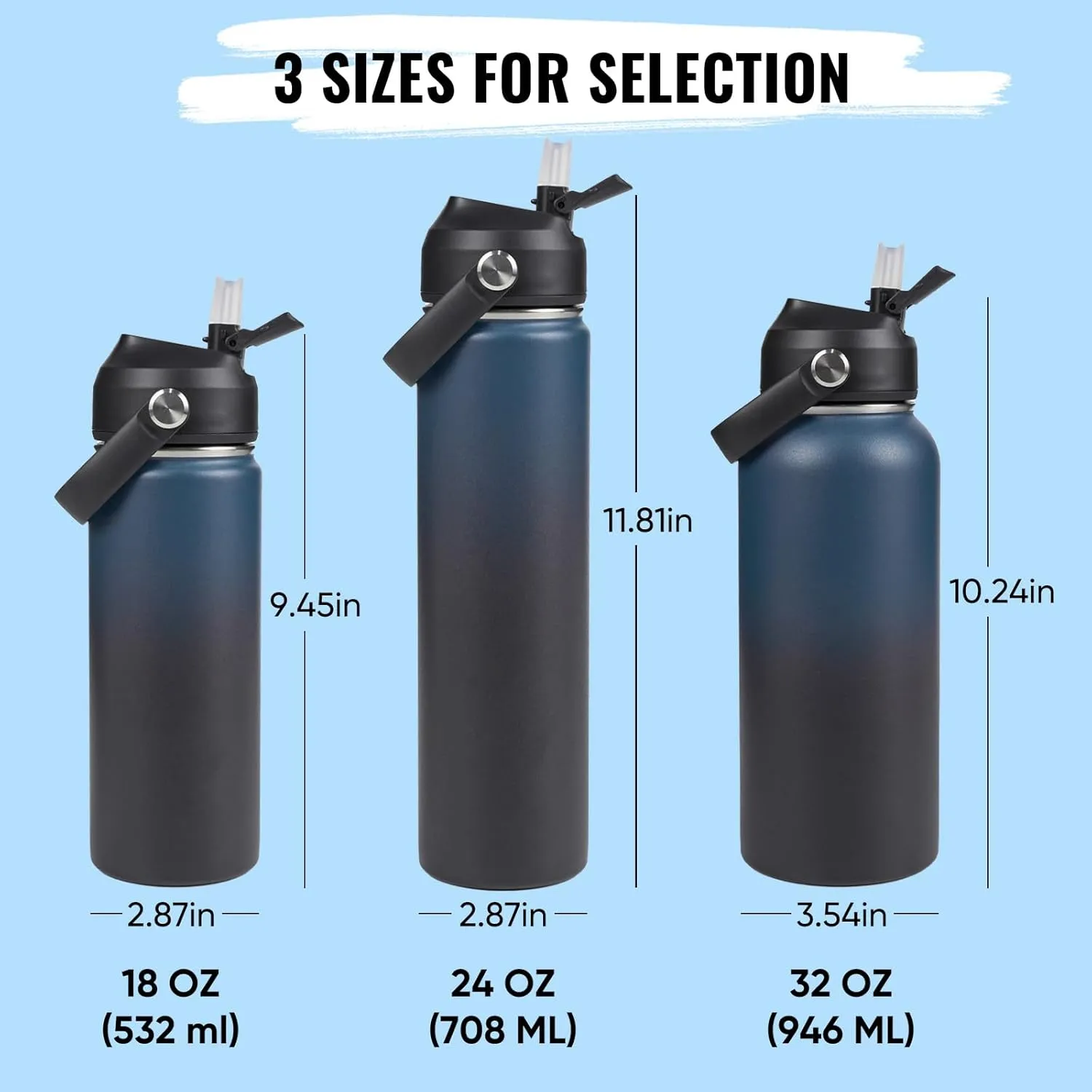 24oz Insulated Stainless Steel Water Bottle, Wide Mouth Double Wall Vacuum, Silicone Straw, Sweat & Leak Proof, BPA Free Insulated Water Flask for Travel, Keep Cold 24h Hot 12h, Blue