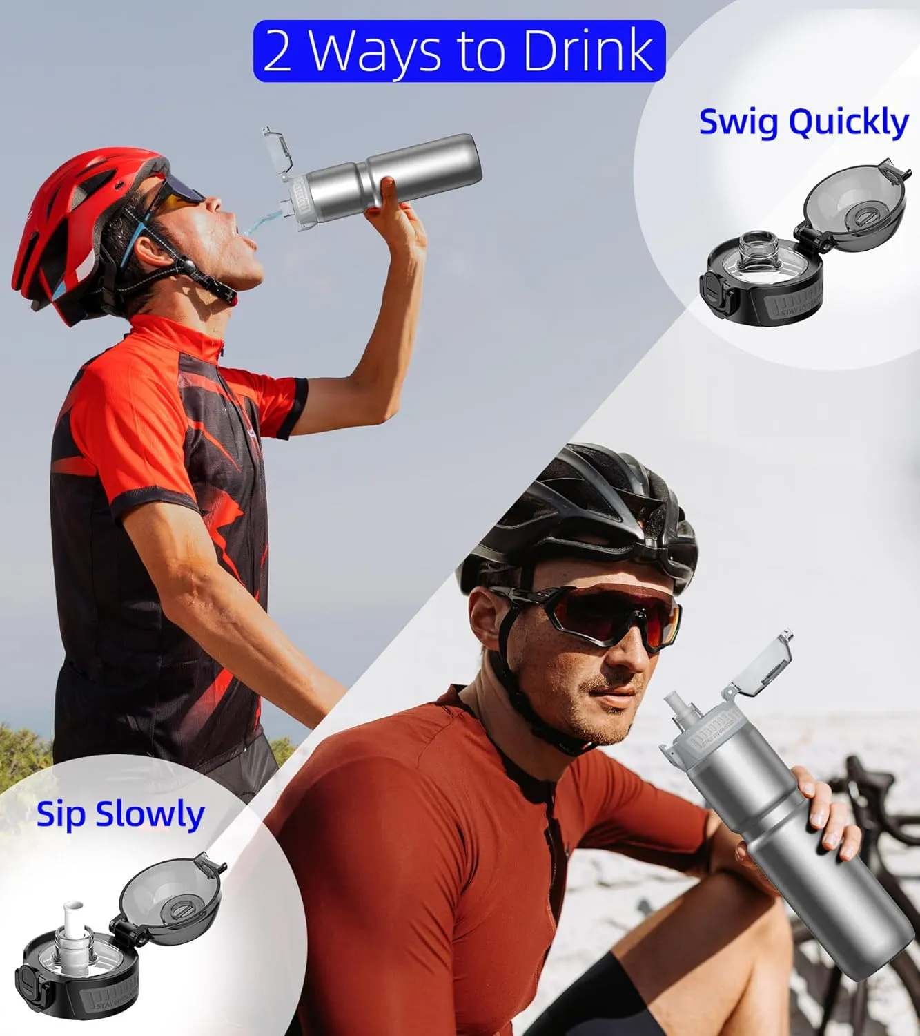 24oz/700ml Insulated Bike Water Bottle, Surgical Steel: No Plastic Taste, Stronger Grip for MTB & Gravel, Chug/Sip 2-in-1, Dirt Cap/Anti-Scratch (Glossy Steel)