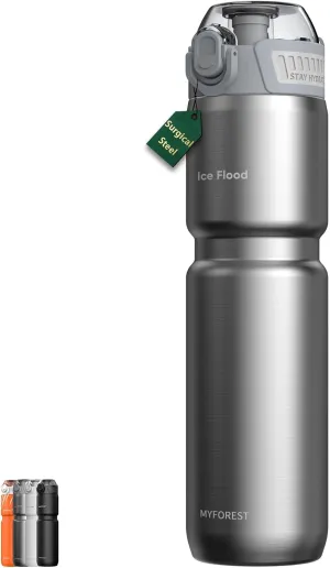 24oz/700ml Insulated Bike Water Bottle, Surgical Steel: No Plastic Taste, Stronger Grip for MTB & Gravel, Chug/Sip 2-in-1, Dirt Cap/Anti-Scratch (Glossy Steel)