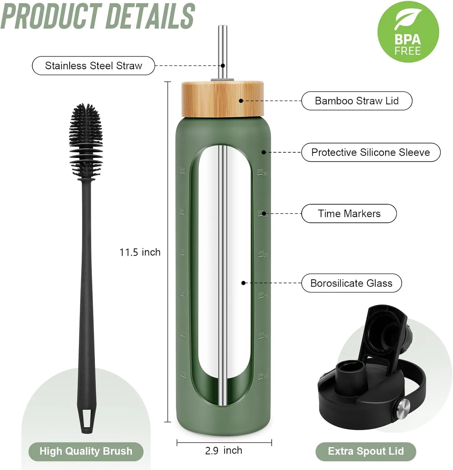 25 oz Glass Water Bottles - Motivational Tumbler Water Bottle Time Marker - Borosilicate Glass Water Bottle With Silicone Sleeve and 2 Lids, Handle Spout & Bamboo Straw Lid (Olive)