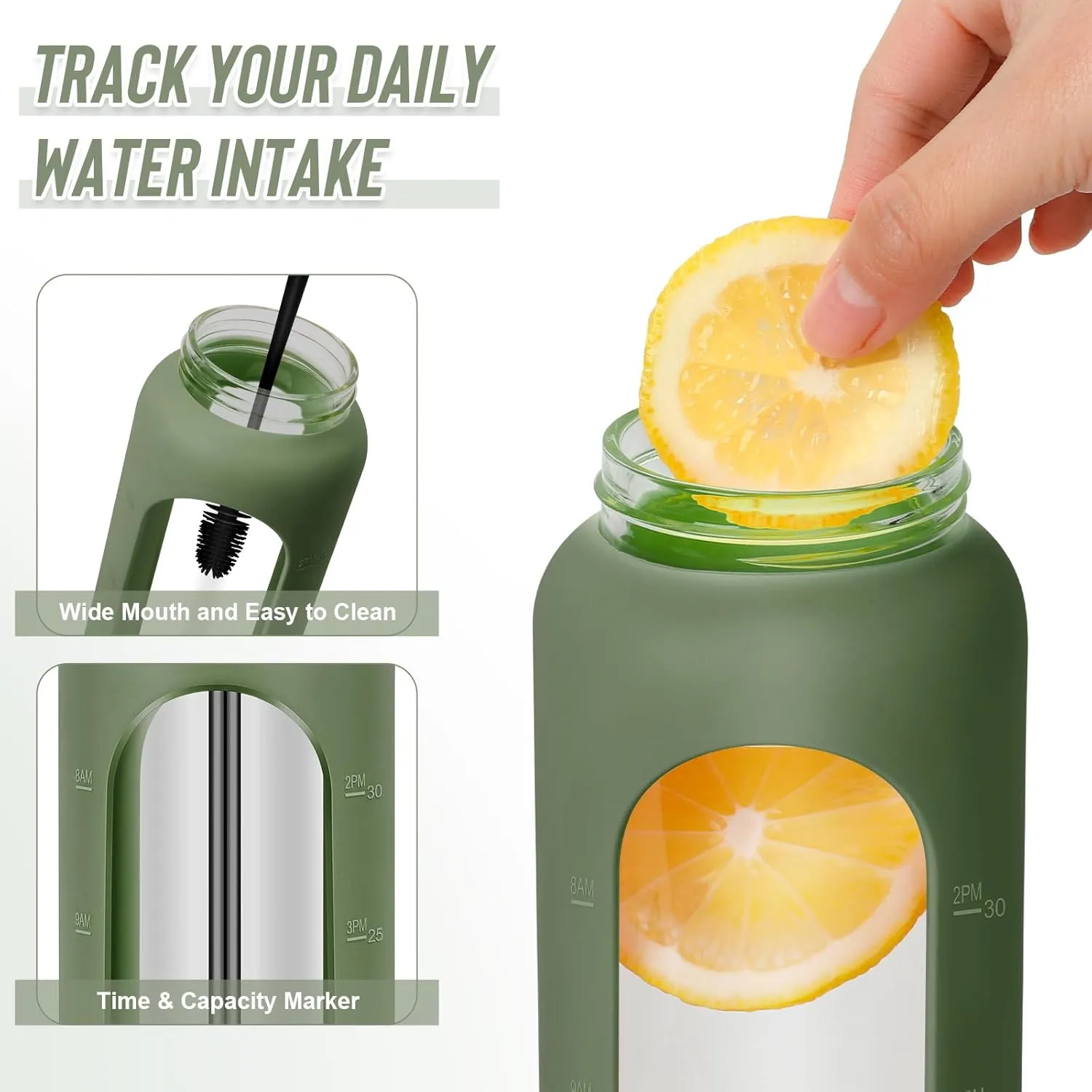 25 oz Glass Water Bottles - Motivational Tumbler Water Bottle Time Marker - Borosilicate Glass Water Bottle With Silicone Sleeve and 2 Lids, Handle Spout & Bamboo Straw Lid (Olive)