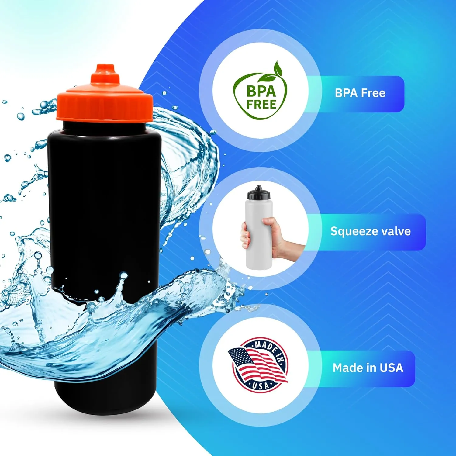 25-Pack, 32 oz Water Bottles, BPA Free Squeeze Bottle, Black Water Bottle with Orange Lid, Made in USA by Gary Plastic Packaging