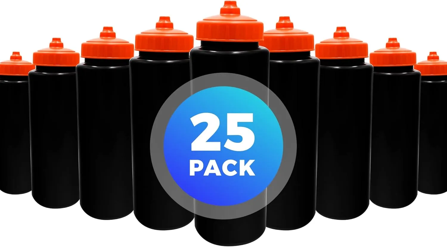 25-Pack, 32 oz Water Bottles, BPA Free Squeeze Bottle, Black Water Bottle with Orange Lid, Made in USA by Gary Plastic Packaging