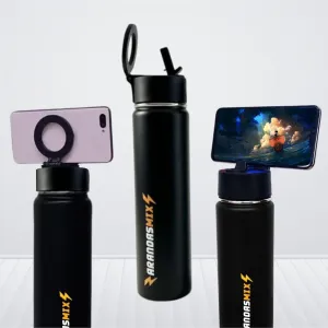 25oz Insulated Water Bottle – Stainless Steel Thermal Bottle with Magnetic Phone Holder – Double-Wall for Hot & Cold Drinks – White/Black