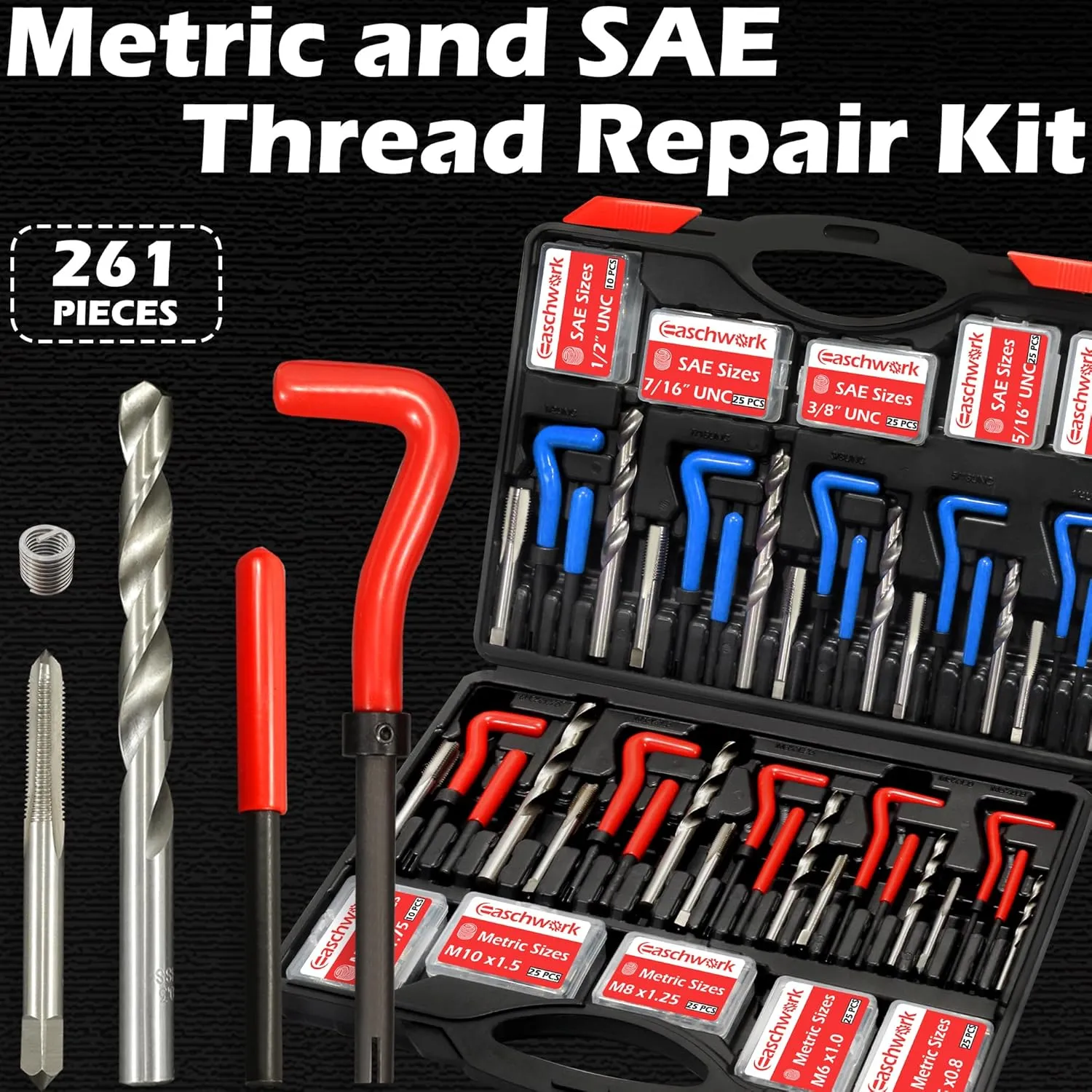 261 Pieces Helicoil Thread Repair Kit HSS Drill Helicoil Kit with Metric and SAE M5 M6 M8 M10 M12 1/4" 5/16" 3/8" 7/16" 1/2" Sizes