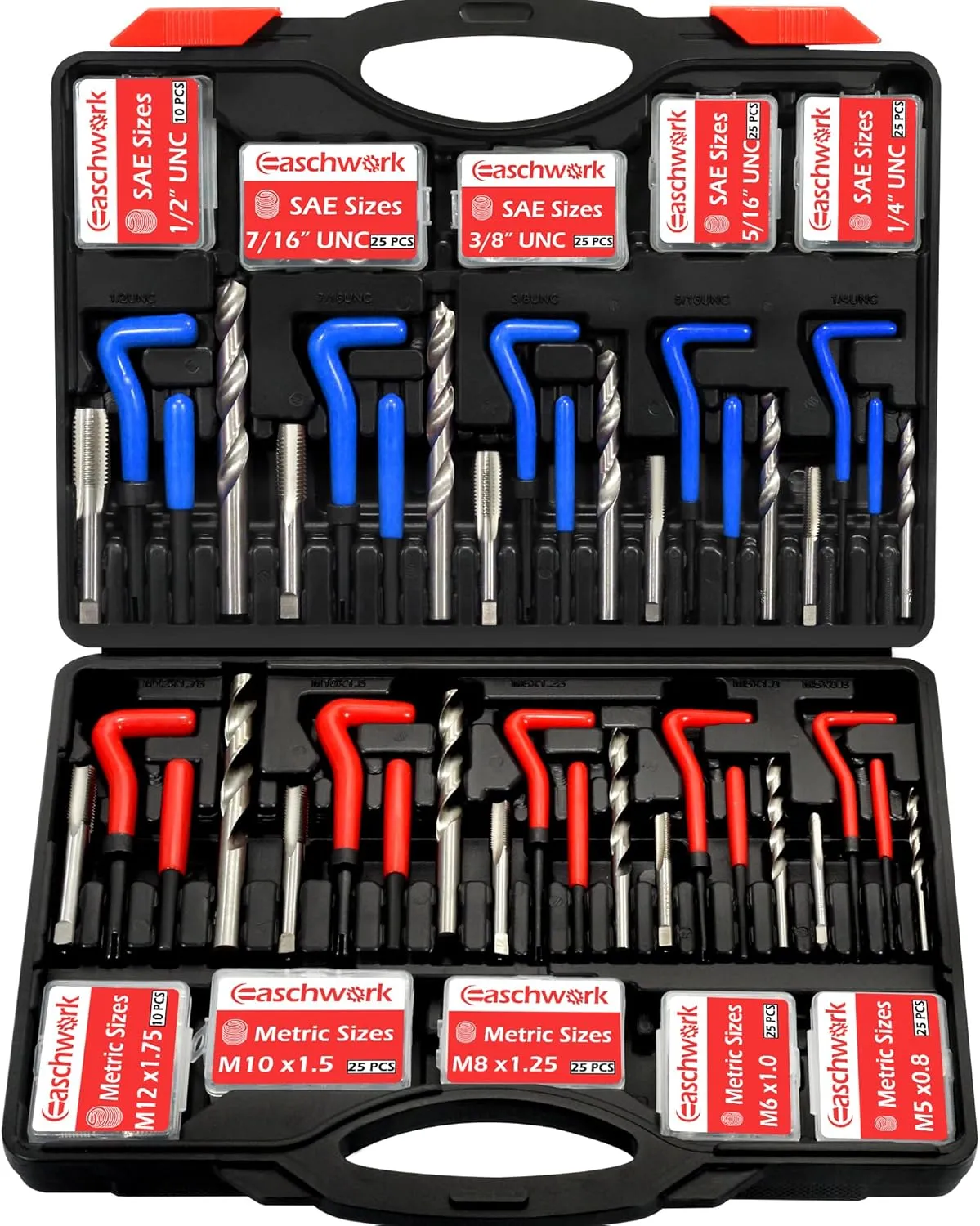 261 Pieces Helicoil Thread Repair Kit HSS Drill Helicoil Kit with Metric and SAE M5 M6 M8 M10 M12 1/4" 5/16" 3/8" 7/16" 1/2" Sizes