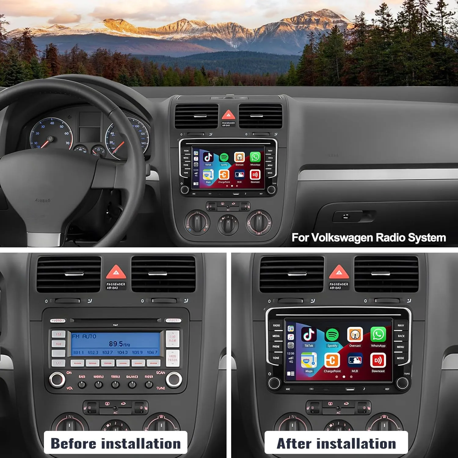 2G 64G Android Car Radio for VW Passat Golf Jetta Golf Tiguan Wireless Apple CarPlay Android Auto Double Din 7 Inch Touch Screen Bluetooth GPS Navigation WiFi FM/RDS USB/Type-C   Backup Camera Mic