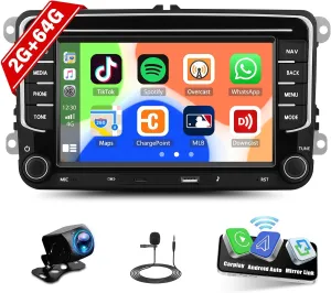 2G 64G Android Car Radio for VW Passat Golf Jetta Golf Tiguan Wireless Apple CarPlay Android Auto Double Din 7 Inch Touch Screen Bluetooth GPS Navigation WiFi FM/RDS USB/Type-C   Backup Camera Mic
