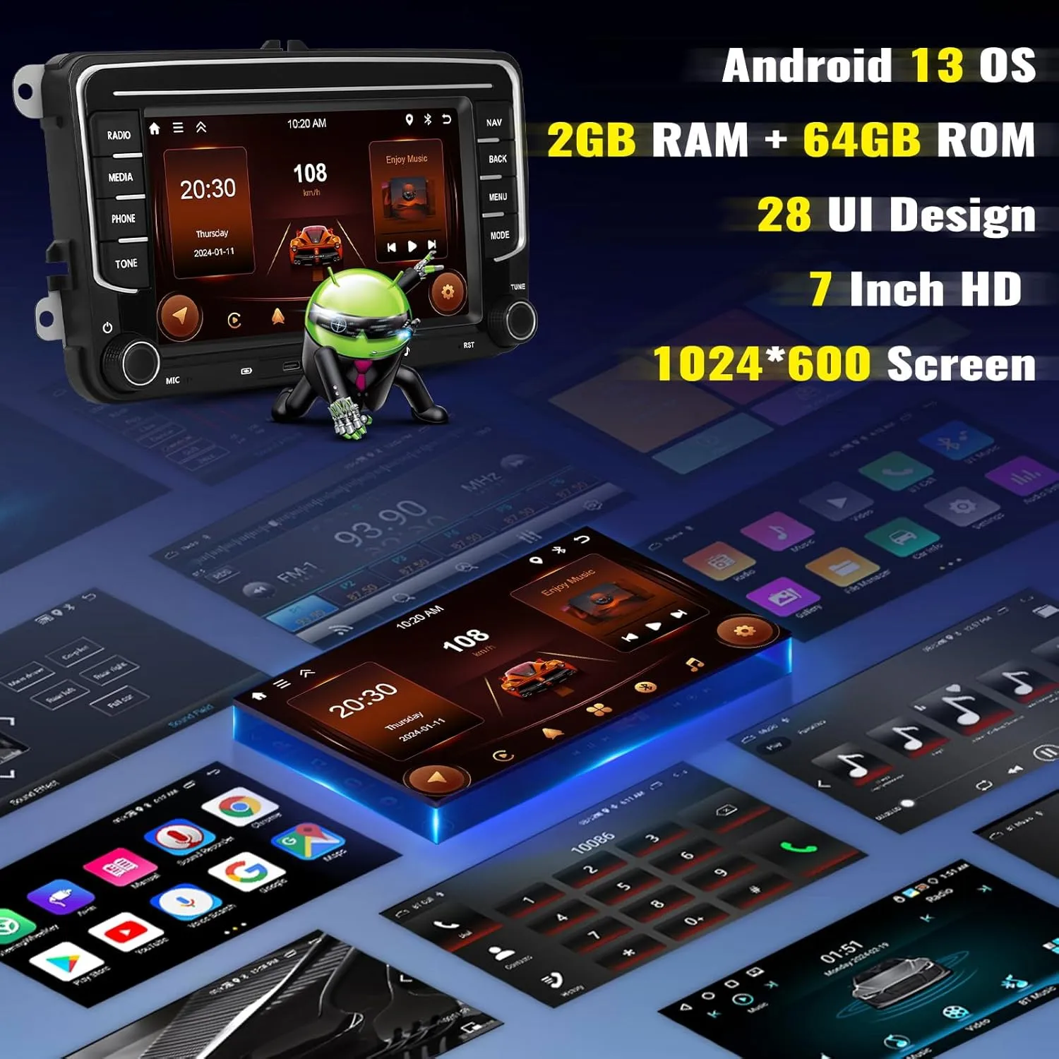 2G 64G Android Car Radio for VW Passat Golf Jetta Golf Tiguan Wireless Apple CarPlay Android Auto Double Din 7 Inch Touch Screen Bluetooth GPS Navigation WiFi FM/RDS USB/Type-C   Backup Camera Mic