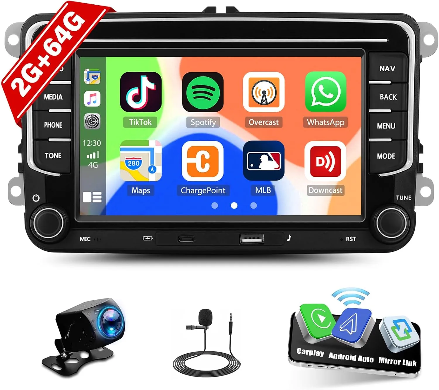 2G 64G Android Car Radio for VW Passat Golf Jetta Golf Tiguan Wireless Apple CarPlay Android Auto Double Din 7 Inch Touch Screen Bluetooth GPS Navigation WiFi FM/RDS USB/Type-C   Backup Camera Mic