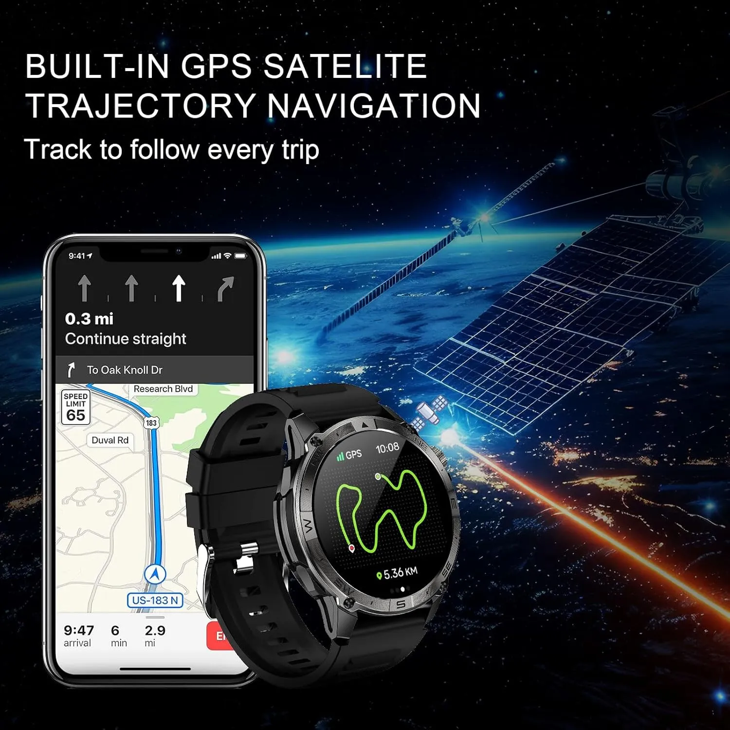 3 ATM Waterproof Amoled Smart Watch with GPS,Compass, Altitude,Air Pressure,540mAh Extra Large Battery,Metal Body Rugged Military Smartwatch Compatiable for Andriod iOS