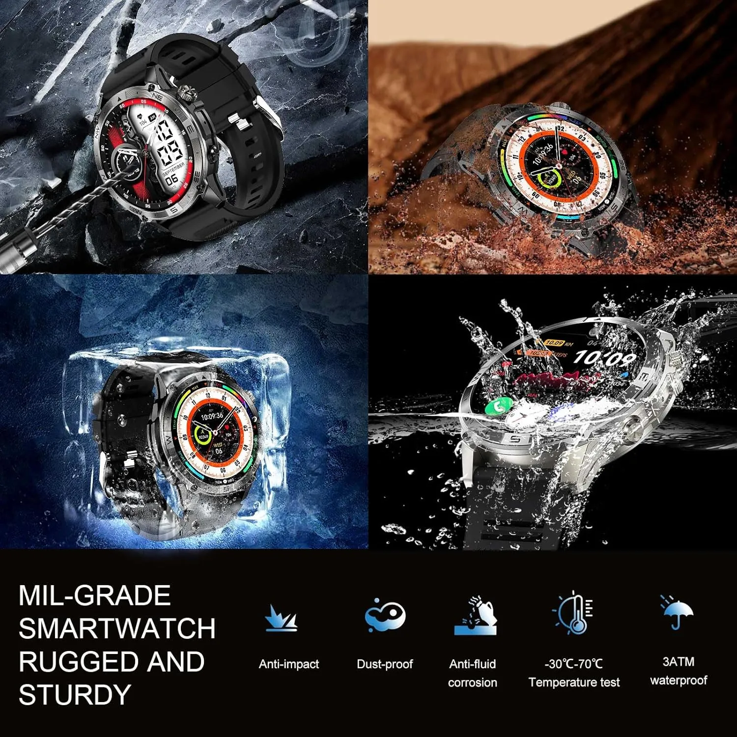 3 ATM Waterproof Amoled Smart Watch with GPS,Compass, Altitude,Air Pressure,540mAh Extra Large Battery,Metal Body Rugged Military Smartwatch Compatiable for Andriod iOS