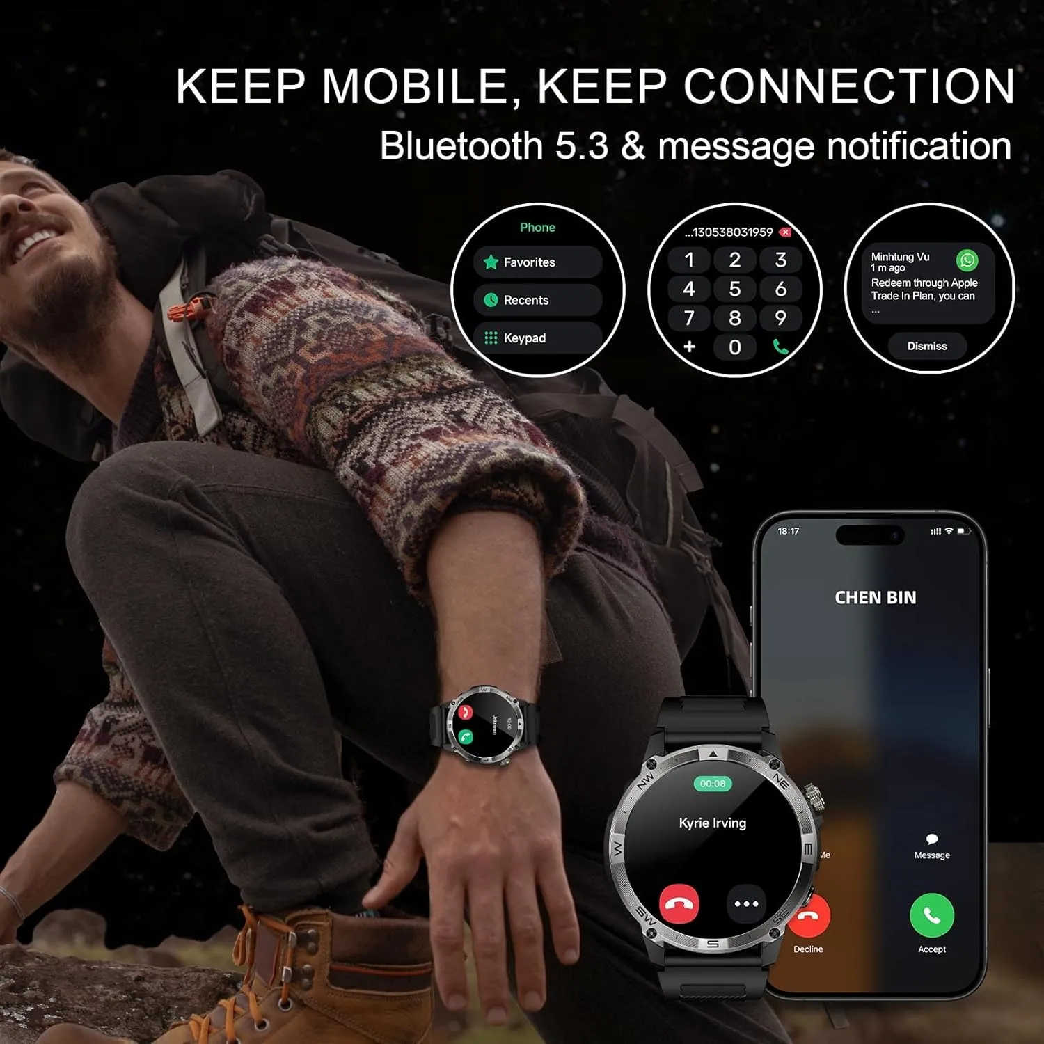 3 ATM Waterproof Amoled Smart Watch with GPS,Compass, Altitude,Air Pressure,540mAh Extra Large Battery,Metal Body Rugged Military Smartwatch Compatiable for Andriod iOS